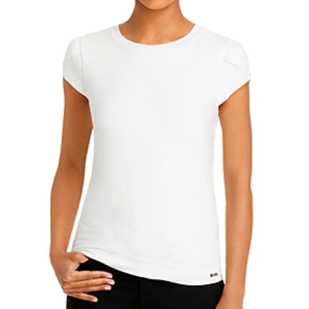 Tahari White Rib Cap Sleeve Tee Sz Medium